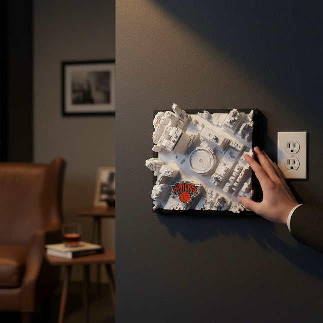 Tidal 3D Printed New York Knicks Madison Square Garden 3D topographical wall art in a dark brown frame