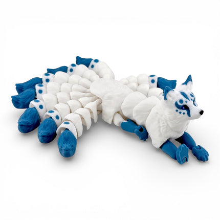 Kitsune3D Printed Articulated Kitsune – White with Gunmetal Blue Tails - Japanese Fox Spirit by KeKreations