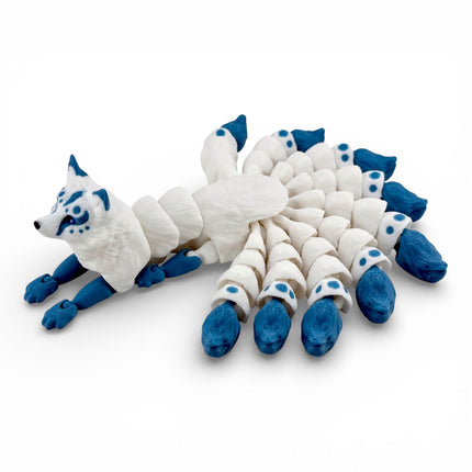 Kitsune3D Printed Articulated Kitsune – White with Gunmetal Blue Tails - Japanese Fox Spirit by KeKreations