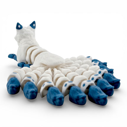 Kitsune3D Printed Articulated Kitsune – White with Gunmetal Blue Tails - Japanese Fox Spirit by KeKreations