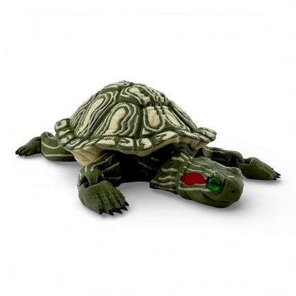 3D Printed Red-Eared Slider Turtle (Olive Green) with Realistic Glass Eyes – Articulated Turtle Model