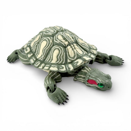 3D Printed Red-Eared Slider Turtle (Olive Green) with Realistic Glass Eyes – Articulated Turtle Model