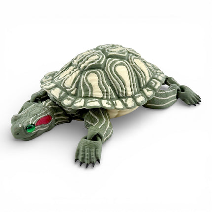 3D Printed Red-Eared Slider Turtle (Olive Green) with Realistic Glass Eyes – Articulated Turtle Model