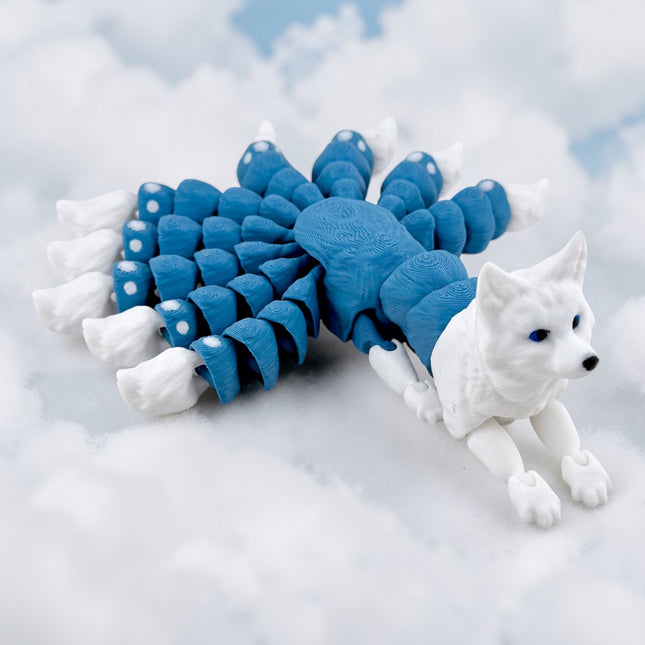 Kitsune3D Printed Articulated Kitsune – Gunmetal Blue with White Tails - Japanese Fox Spirit by KeKreations