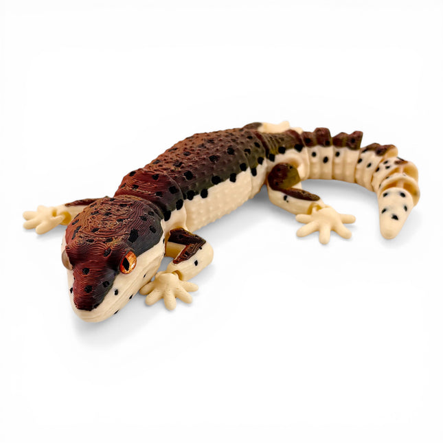 3D Printed Leopard Gecko with Realistic Glass Eyes – Volcano Morph (7.5 Inches Long)
