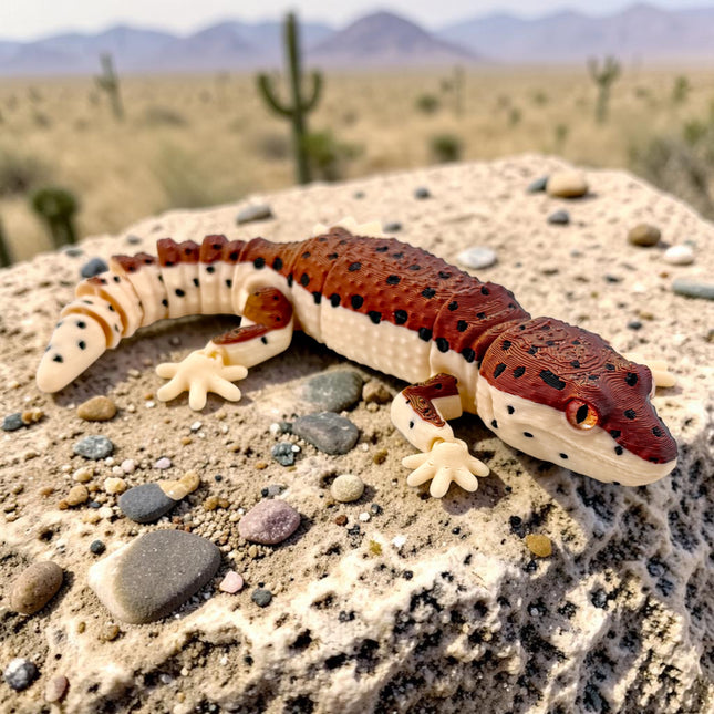 3D Printed Leopard Gecko with Realistic Glass Eyes – Volcano Morph (7.5 Inches Long)