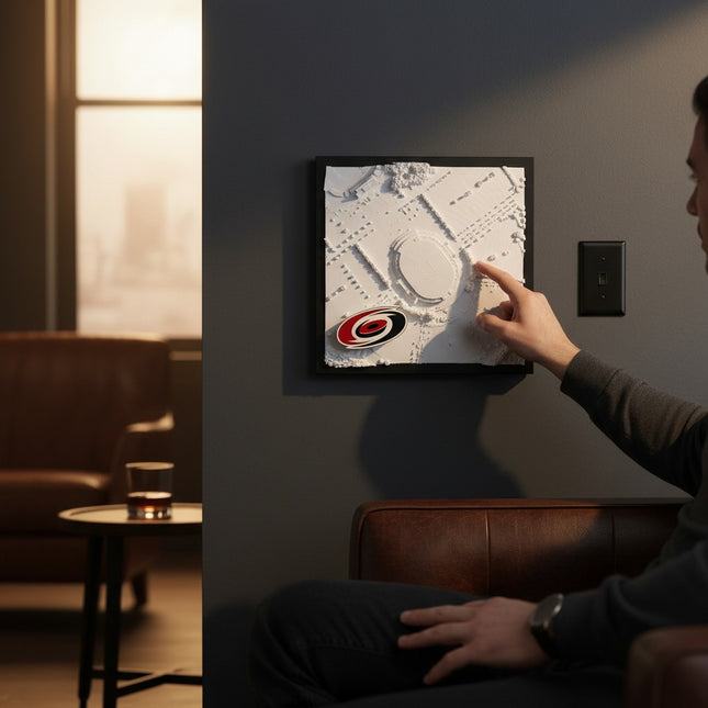 Tidal 3D Printed Carolina Hurricanes PNC Arena 3D topographical wall art in a dark brown frame