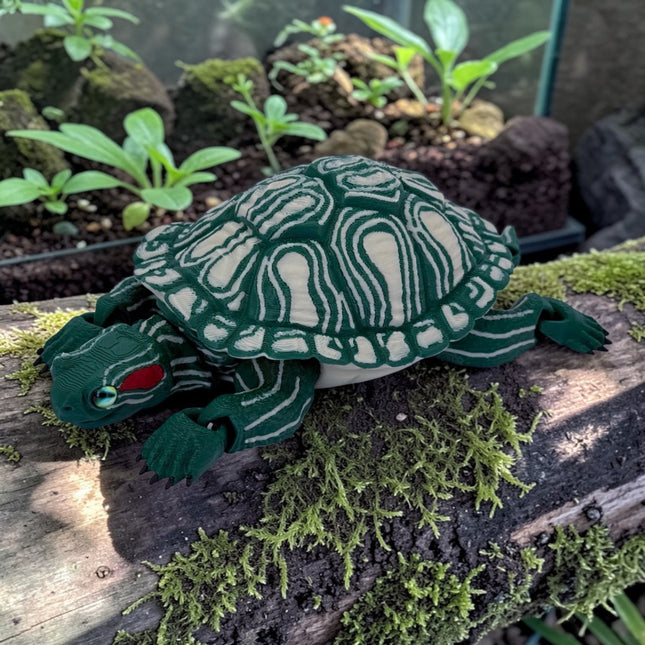 3D Printed Red-Eared Slider Turtle (Dark Green) with Realistic Glass Eyes – Articulated Turtle Model