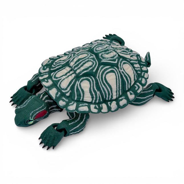 3D Printed Red-Eared Slider Turtle (Dark Green) with Realistic Glass Eyes – Articulated Turtle Model