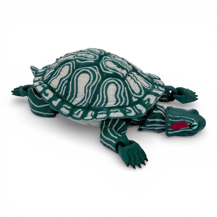 3D Printed Red-Eared Slider Turtle (Dark Green) with Realistic Glass Eyes – Articulated Turtle Model