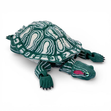 3D Printed Red-Eared Slider Turtle (Dark Green) with Realistic Glass Eyes – Articulated Turtle Model