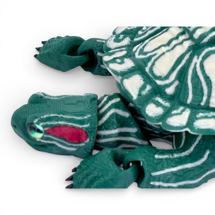 3D Printed Red-Eared Slider Turtle (Dark Green) with Realistic Glass Eyes – Articulated Turtle Model