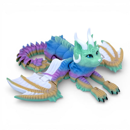 3D Printed Flexi Cat Dragon – Rainbow (13 × 10 × 4 Inches) – Designed by KeKreations