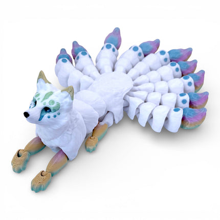 3D Printed Flexi Nine-Tailed Kitsune – White with Rainbow Tails by KeKreations