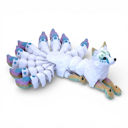 3D Printed Flexi Nine-Tailed Kitsune – White with Rainbow Tails by KeKreations