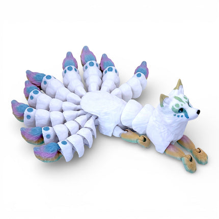 3D Printed Flexi Nine-Tailed Kitsune – White with Rainbow Tails by KeKreations