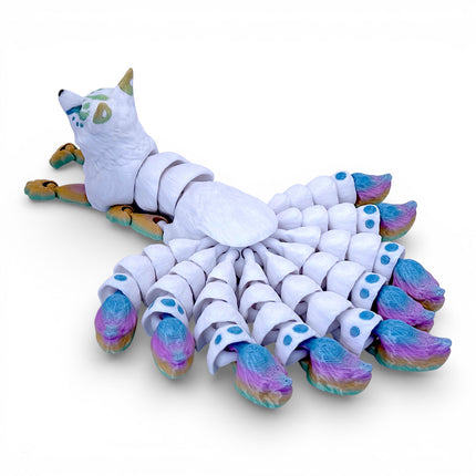 3D Printed Flexi Nine-Tailed Kitsune – White with Rainbow Tails by KeKreations