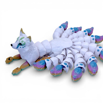 3D Printed Flexi Nine-Tailed Kitsune – White with Rainbow Tails by KeKreations