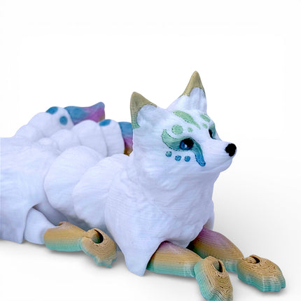 3D Printed Flexi Nine-Tailed Kitsune – White with Rainbow Tails by KeKreations