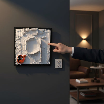 Tidal 3D Printed Baltimore Orioles Camden Yards 3D topographical wall art in a dark brown frame