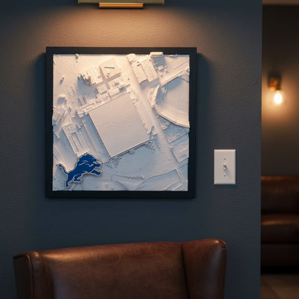 Tidal 3D Printed Detroit Lions Ford Field 3D topographical wall art in a dark brown frame