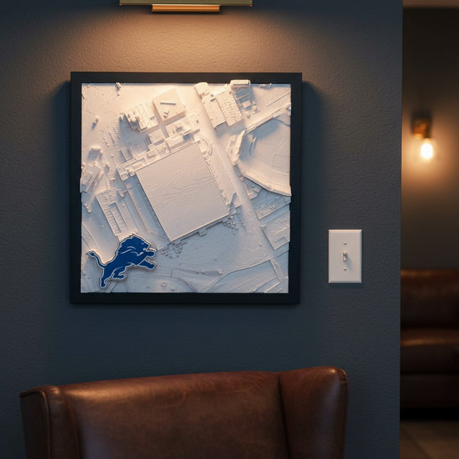 Tidal 3D Printed Detroit Lions Ford Field 3D topographical wall art in a dark brown frame