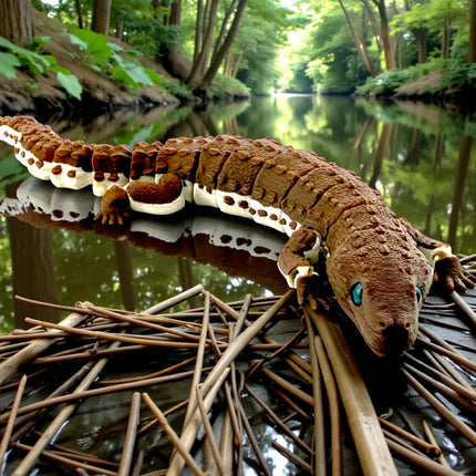 3D Printed Articulated Earless Monitor Lizard – Dark Brown Variant with Realistic Glass Eyes