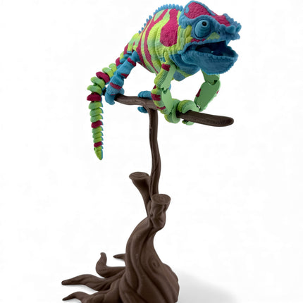 3D Printed Panther Chameleon Figurine on Branch – Green Body with Red & Yellow Markings (12 Inches Long)