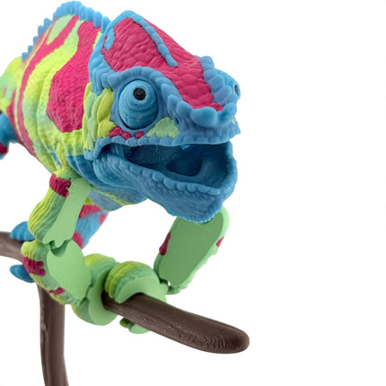 3D Printed Panther Chameleon Figurine on Branch – Green Body with Red & Yellow Markings (12 Inches Long)