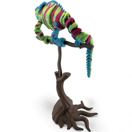 3D Printed Panther Chameleon Figurine on Branch – Green Body with Red & Yellow Markings (12 Inches Long)