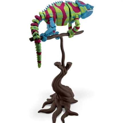3D Printed Panther Chameleon Figurine on Branch – Green Body with Red & Yellow Markings (12 Inches Long)