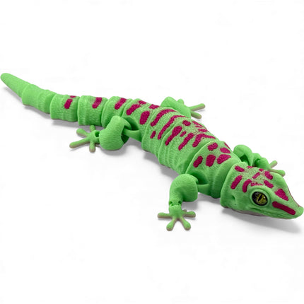 3D Printed Flexi Giant Day Gecko with Realistic Glass Eyes – Bright Green with Red Markings