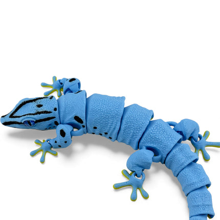 3D Printed Flexi Giant Day Gecko with Realistic Glass Eyes – Gunmetal Blue with Black Head and Front Leg Markings