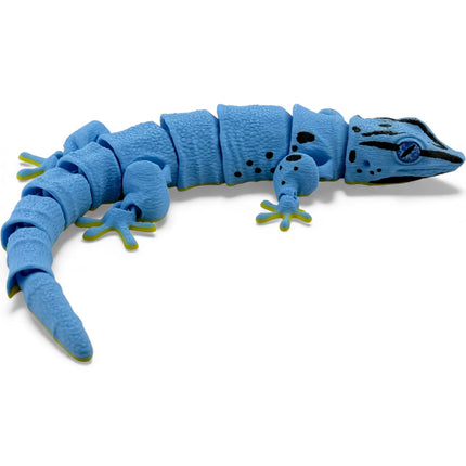 3D Printed Flexi Giant Day Gecko with Realistic Glass Eyes – Gunmetal Blue with Black Head and Front Leg Markings