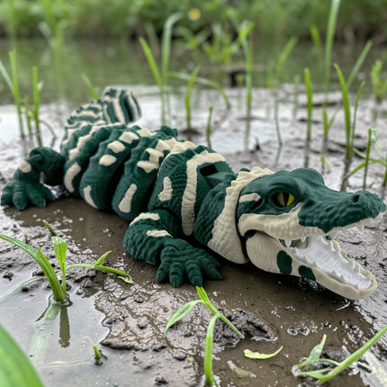 3D Printed Realistic Alligator with Glass Eyes and Articulated Jaw – Dark Green (14 Inches Long)
