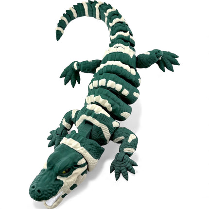 3D Printed Realistic Alligator with Glass Eyes and Articulated Jaw – Dark Green (14 Inches Long)
