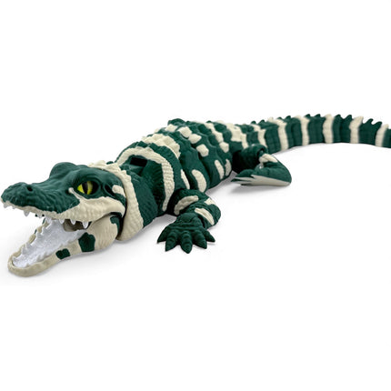 3D Printed Realistic Alligator with Glass Eyes and Articulated Jaw – Dark Green (14 Inches Long)