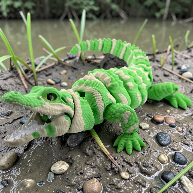 3D Printed Realistic Alligator with Glass Eyes and Articulated Jaw – Matte Light Green Gradient (14 Inches Long)
