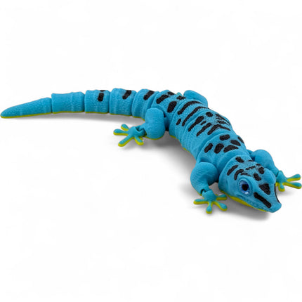 3D Printed Flexi Giant Day Gecko with Realistic Glass Eyes – Sky Blue with Full Body Black Markings