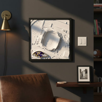 Baltimore Ravens — M&T Bank Stadium 3D Topographical Wall Art with black frame, displayed in a home setting