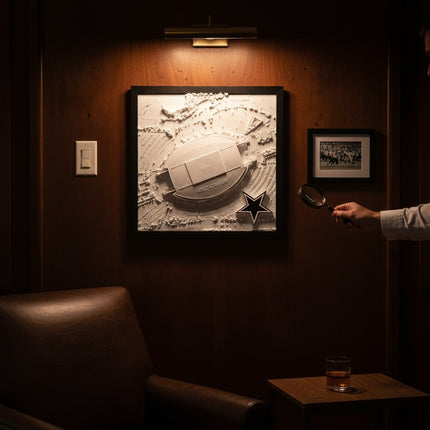 Dallas Cowboys — AT&T Stadium 3D Topographical Wall Art with black frame, displayed in a dark wood-paneled lounge