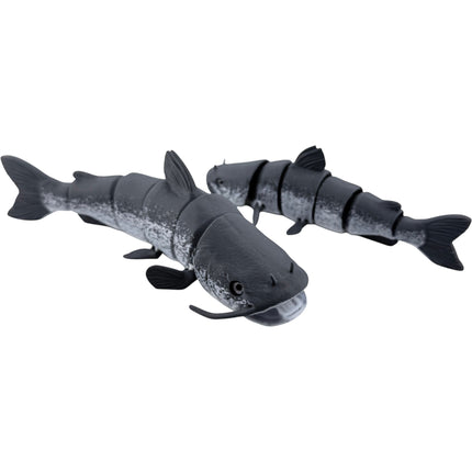 Tidal 3D Printed articulated catfish figures in black and grey with detailed whiskers and flexible segmented bodies.