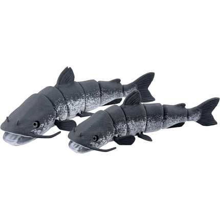 Tidal 3D Printed articulated catfish figures in black and grey with realistic mottled patterns and flexible segments.