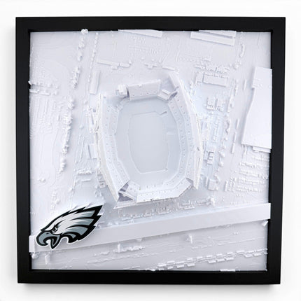 Tidal 3D Printed white topographical map of Lincoln Financial Field with Philadelphia Eagles logo in a black frame.