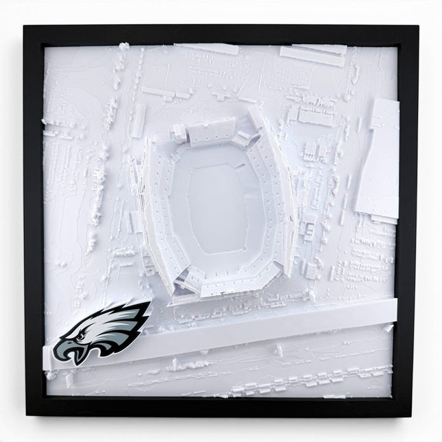 Tidal 3D Printed white topographical map of Lincoln Financial Field with Philadelphia Eagles logo in a black frame.