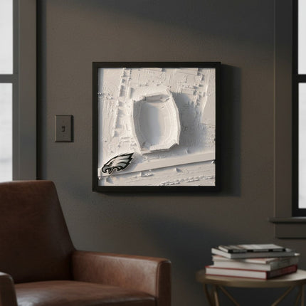 Tidal 3D Printed white topographical map of Lincoln Financial Field with Philadelphia Eagles logo in a black frame.